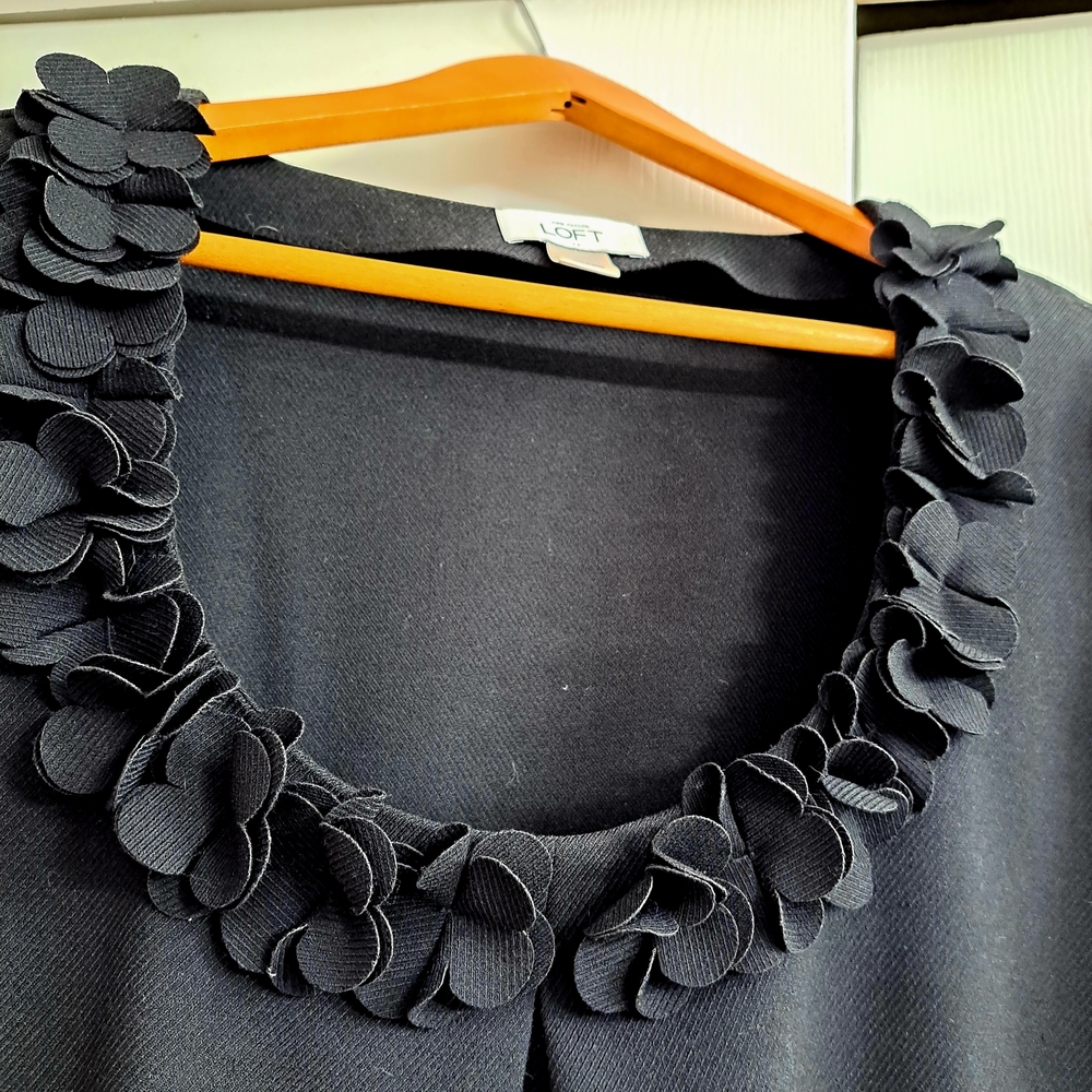LOFT Elegant Black Dress with Floral Flowers Ruffle Neckline Cap Sleeve